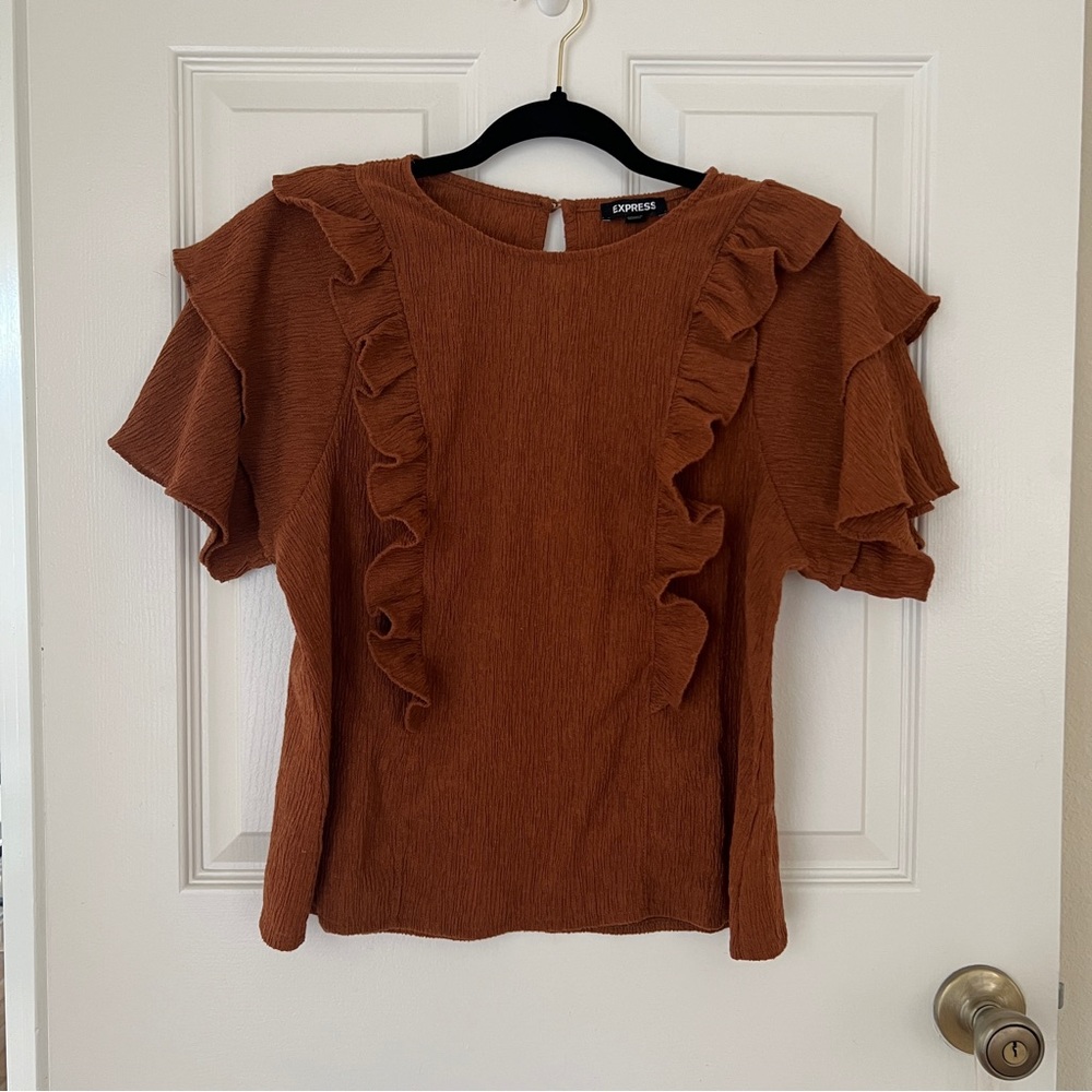 Express Women’s Textured Double Ruffle Top in Burnt Sienna Brown Size XS